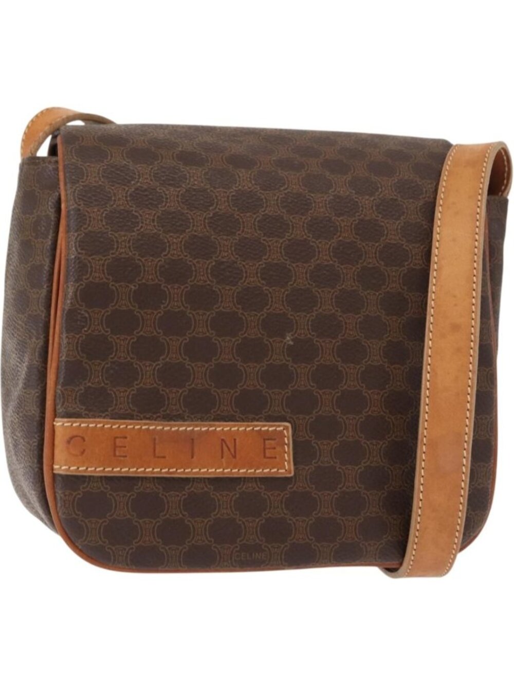 CELINE Macadam Canvas Shoulder Bag PVC Leather Brown Gold